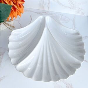 Vintage Coastal Decor Glossy Ceramic White Divided 12” Shell Platter or Tray